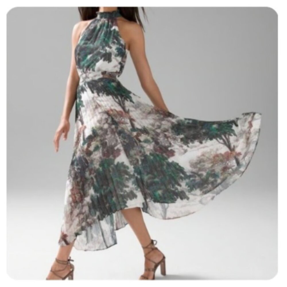 White House Black Market Dark Forest Pleated Halter Midi Dress Size 8